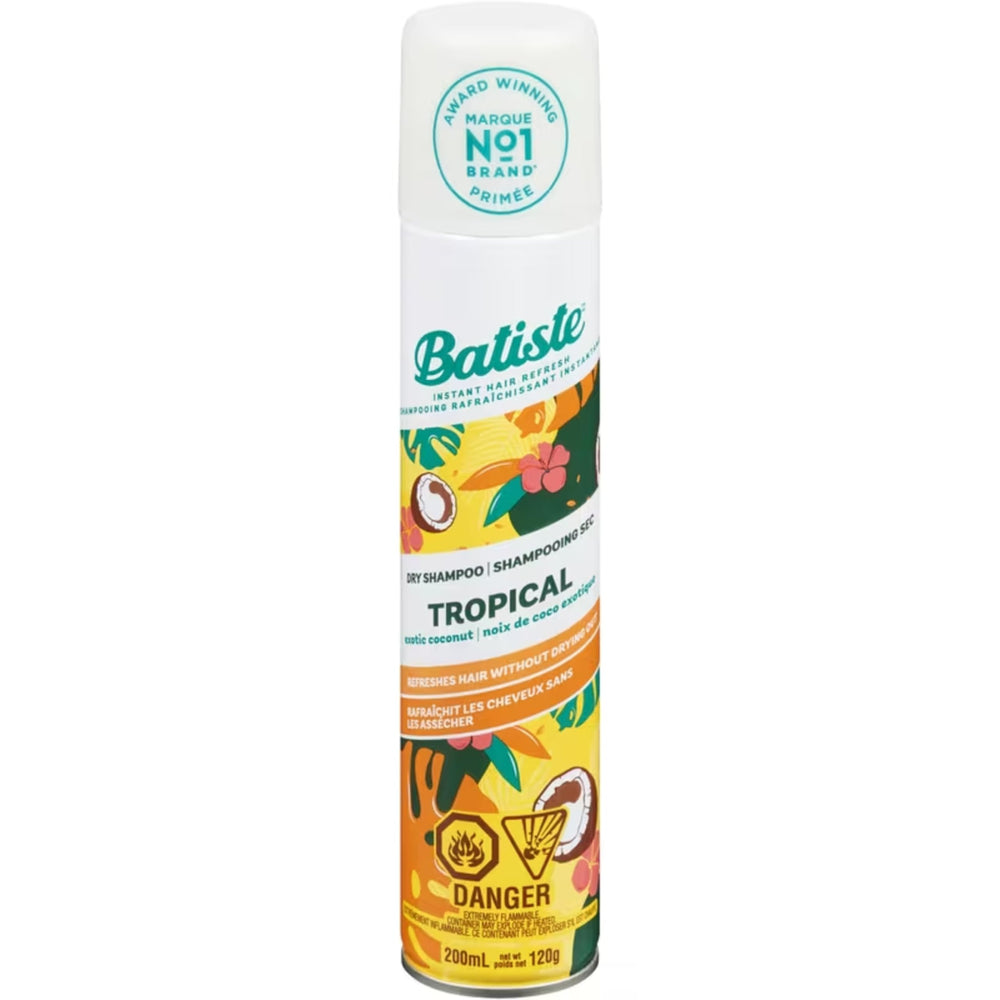 Batiste Tropical Dry Shampoo bottle pour for a quick refresh without water