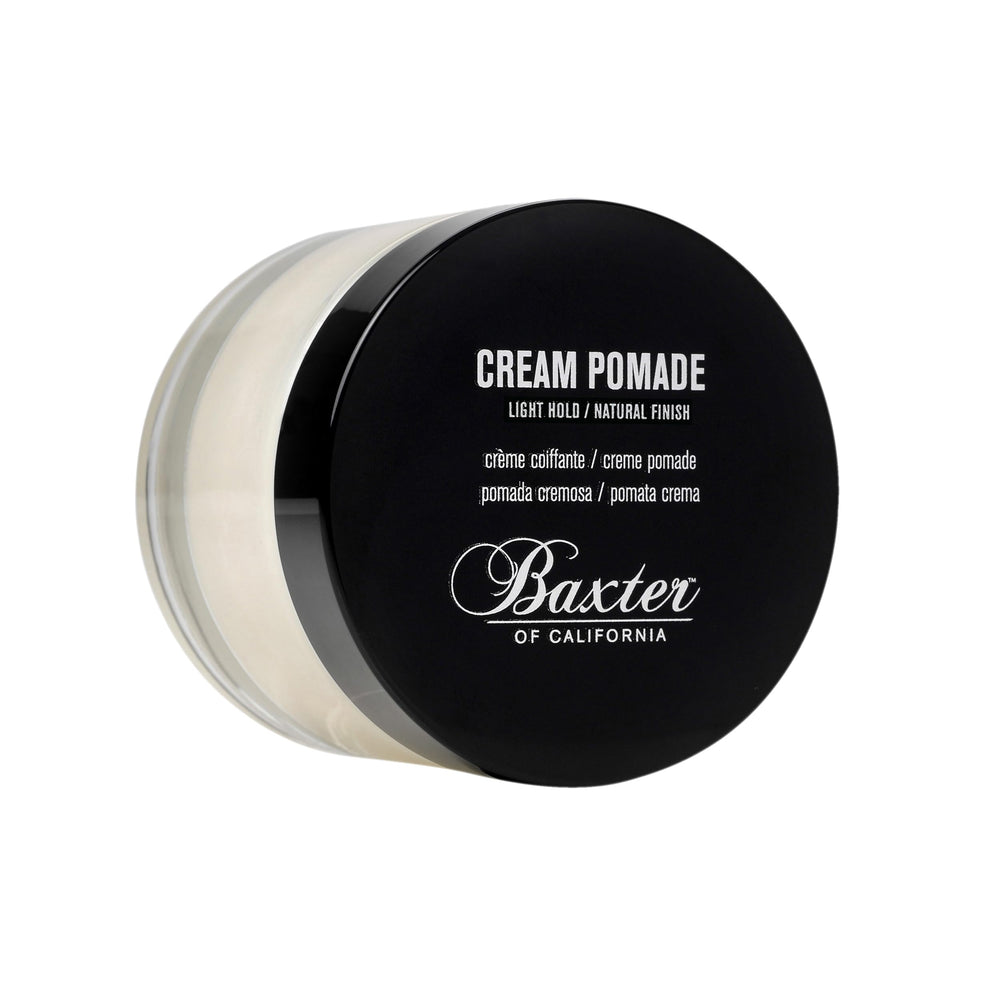 Baxter of California Cream Pomade jar front shows natural finish and light hold.