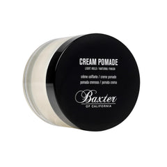 Baxter of California Cream Pomade jar front shows natural finish and light hold.