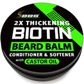 BBS Best Beard Stuff Biotin Balm bottle close-up for fuller-looking beard.