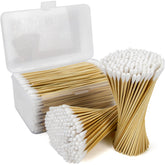 Bcowos long cotton swabs with bamboo handle and storage case for easy organization.