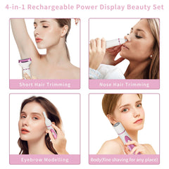 Beanify 4-in-1 heads closeup shows versatile attachments for facial and body hair