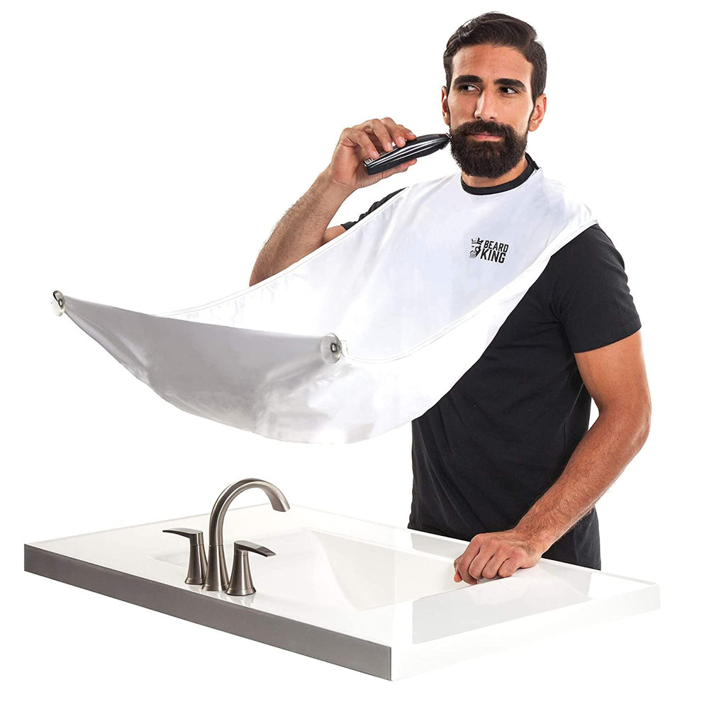 BEARD KING Beard Bib Apron setup with mirror suction cups for quick grooming
