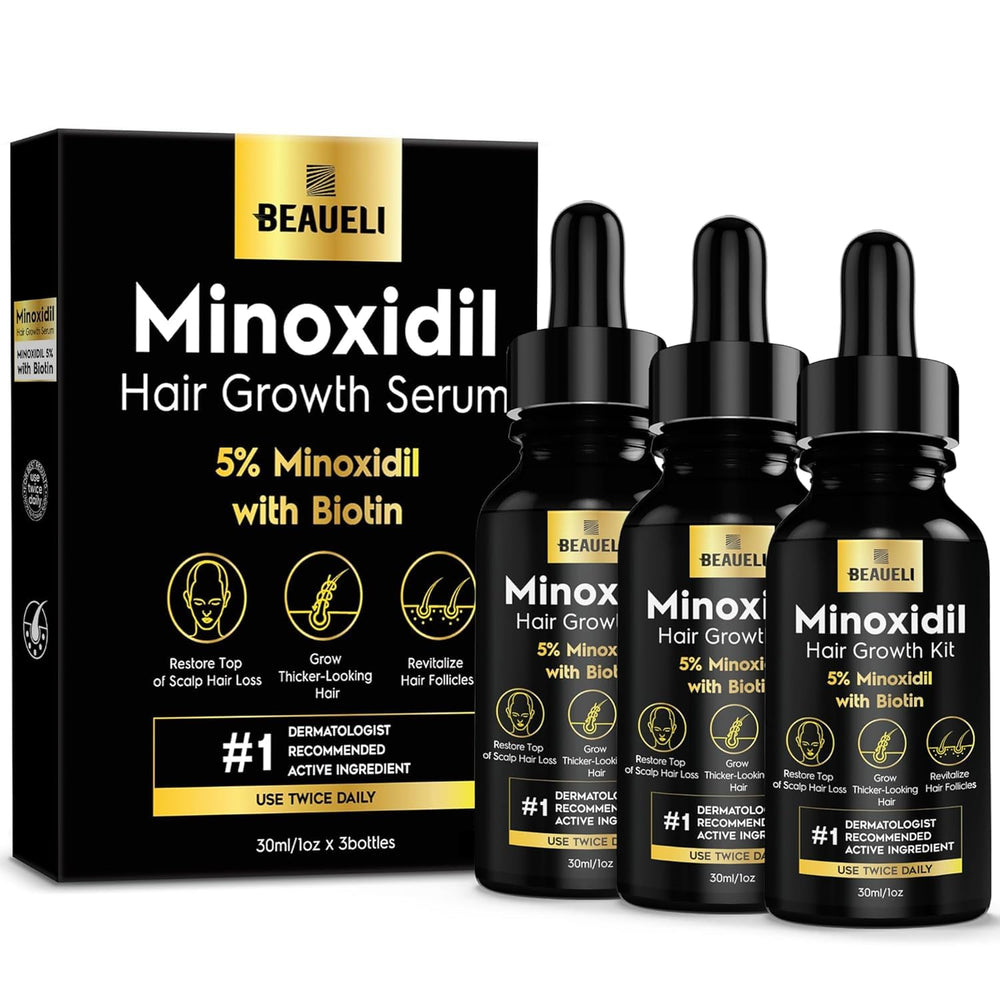 Beaueli 5% Minoxidil bottle for targeted scalp treatment.