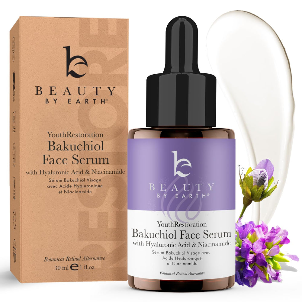 Beauty by Earth Bakuchiol Serum bottle close-up highlighting plant-based anti-aging