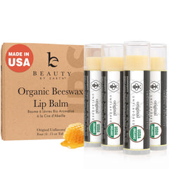 Beauty by Earth bálsamo labial orgánico, envase en EEUU, hidrata labios secos a lo largo del día.