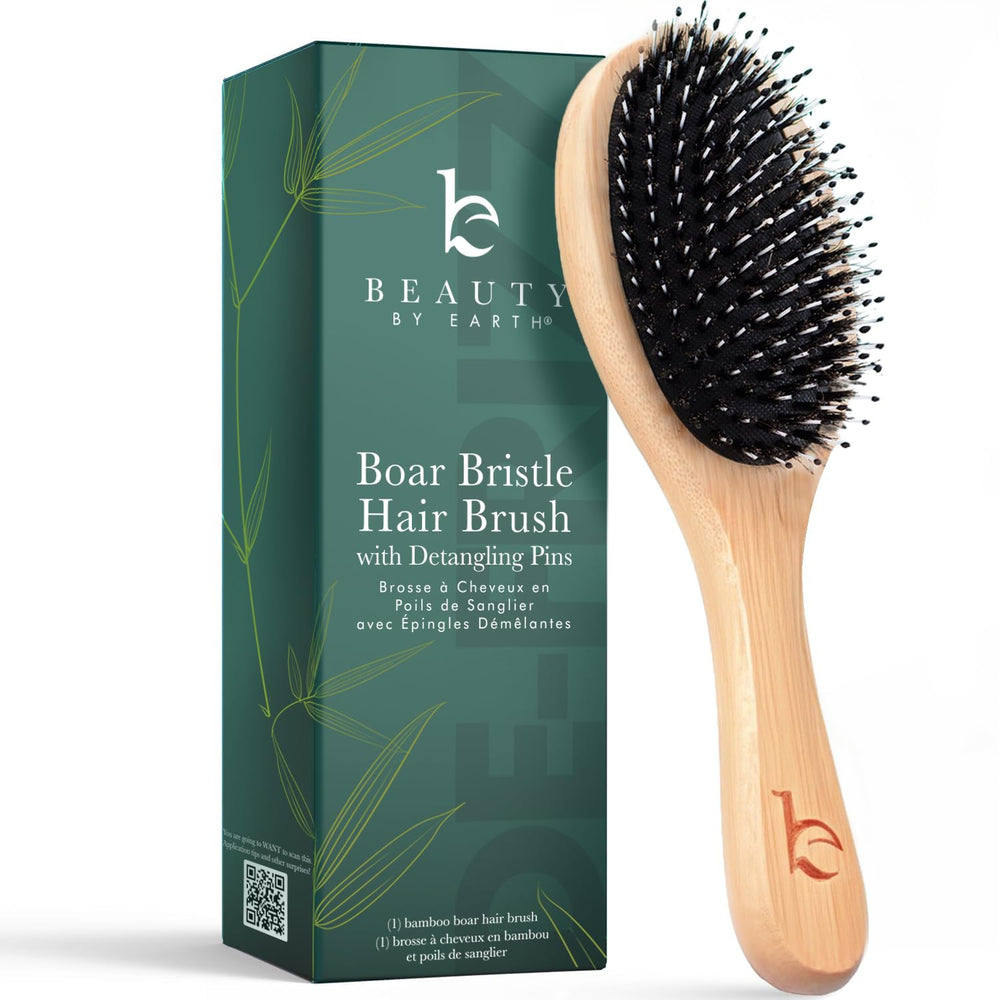 Beauty by Earth boar-bristle hair brush detangles with a glide for tangle-free hair and shine