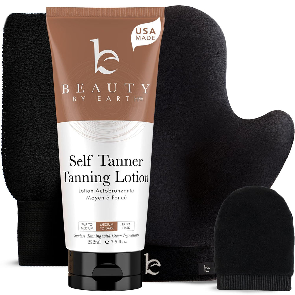 Beauty by Earth self-tanner lotion setup for an even, natural glow.