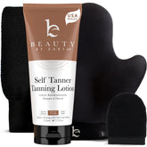 Beauty by Earth self-tanner lotion setup for an even, natural glow.