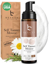 Beauty by Earth self-tanner mousse bottle shows deep bronze color