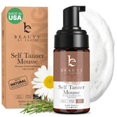 Beauty by Earth self tanner mousse bottle with deep bronze finish for sunless glow.