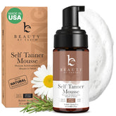 Beauty by Earth self-tanner mousse bottle highlights USA-made formula for safe sunless tanning.