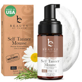 Beauty by Earth self tanner mousse bottle, USA-made with clean ingredients for natural glow.
