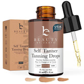 Beauty by Earth self tanning drops bottle showing clean, USA-made formula for all skin tones