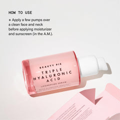 Beauty Pie serum label emphasizes triple-weight HA and Pro-Ceramides for skin health.