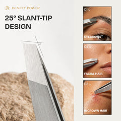 Beauty Power tweezers slant-tip demonstrates steady control for fine hairs.