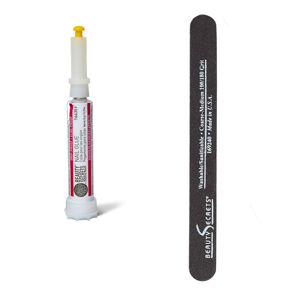 Beauty Secrets nail glue bottle in action for a clean, mess-free application