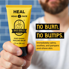 Application closeup of Bee Bald HEAL highlighting soothing, non-sticky post-shave care