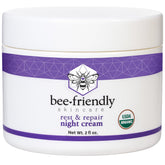 BeeFriendly night cream bottle closeup highlighting rich, organic formula for overnight hydration.