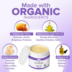 BeeFriendly organic ingredients label showcases recognizable components for clean skincare.