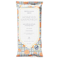 Beekman 1802 toallitas faciales pomelo mielado, envase visible para limpieza rápida sin agua