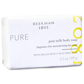Close-up of Beekman 1802 goat milk soap bar label showing fragrance-free formulation for sensitive skin.