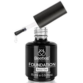 Beetles Gel Base Coat 15ml bottle close-up shows adhesion for longer-lasting color.