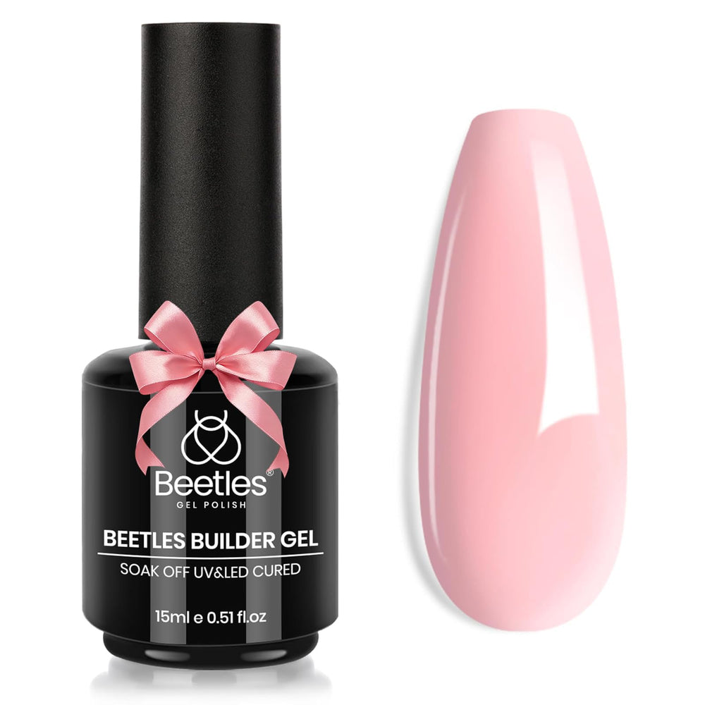 Beetles Builder Gel botella rosa 8 en 1 para uñas fuertes y duraderas.