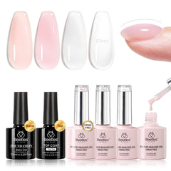 Beetles Builder Gel Set con cuatro colores rosados translúcidos para uñas naturales.