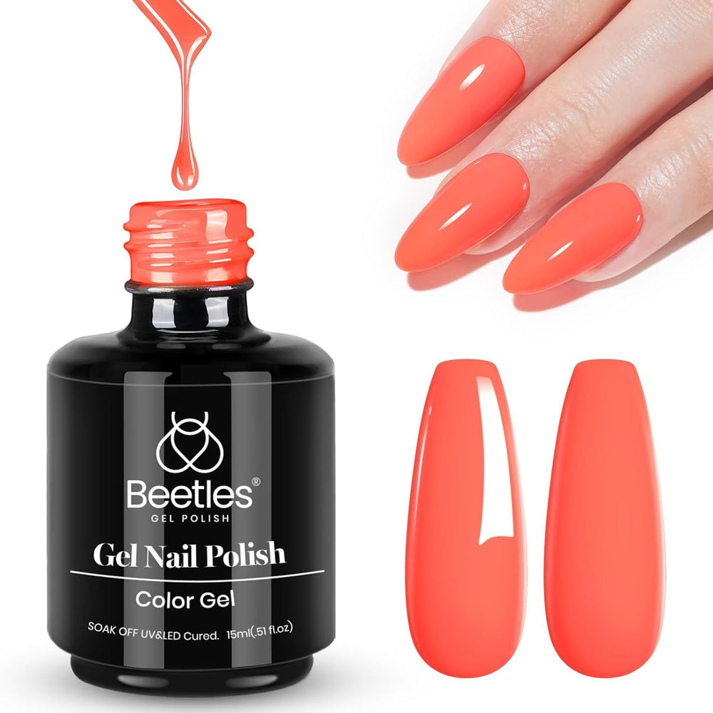 Beetles Coral Orange gel polish bottle closeup showing a peach-orange shade for vibrant nails.
