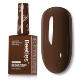 Beetles Dark Brown gel polish bottle shows winter shade for precise color viewing at home.