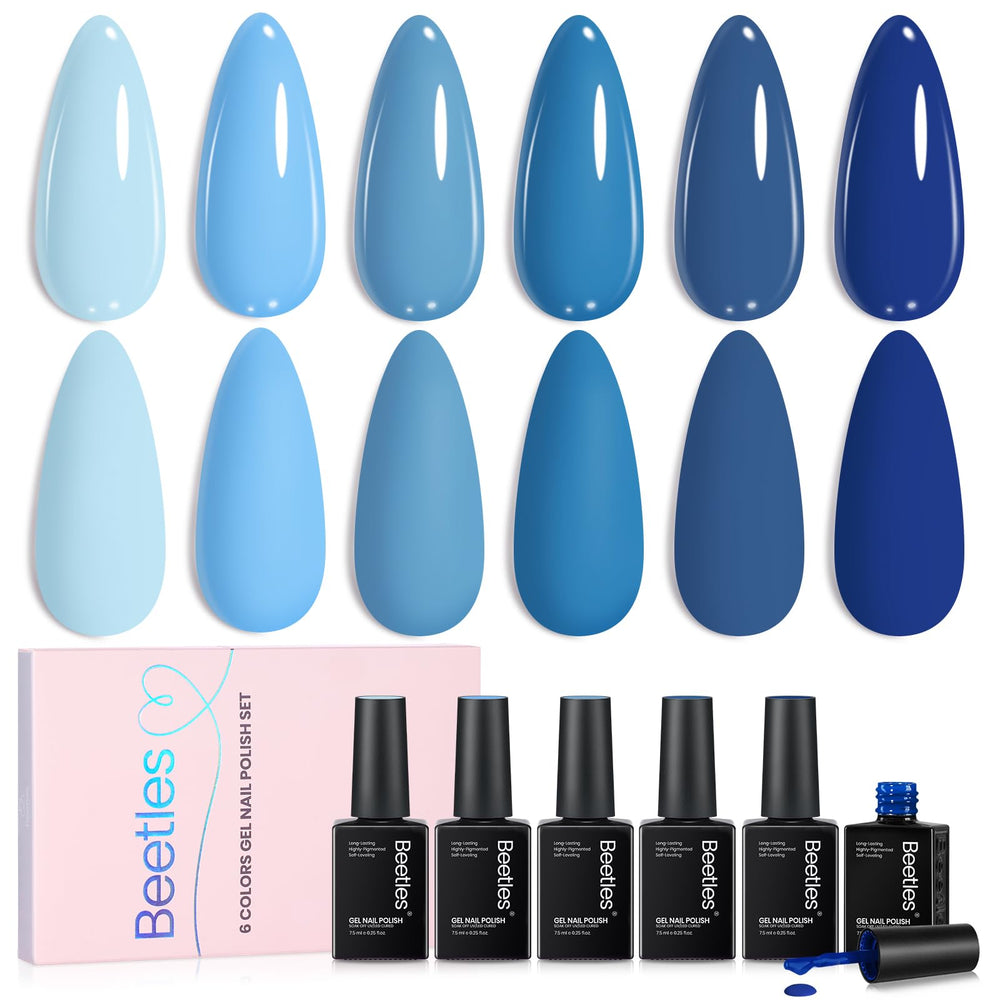 Beetles Esmalte en gel azul, conjunto de 6 colores, acabado brillante para uñas modernas.