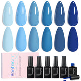 Beetles Esmalte en gel azul, conjunto de 6 colores, acabado brillante para uñas modernas.