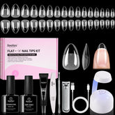 Beetles Flat-X almond nail tips in close-up, flush fit for natural nails, no lifting.