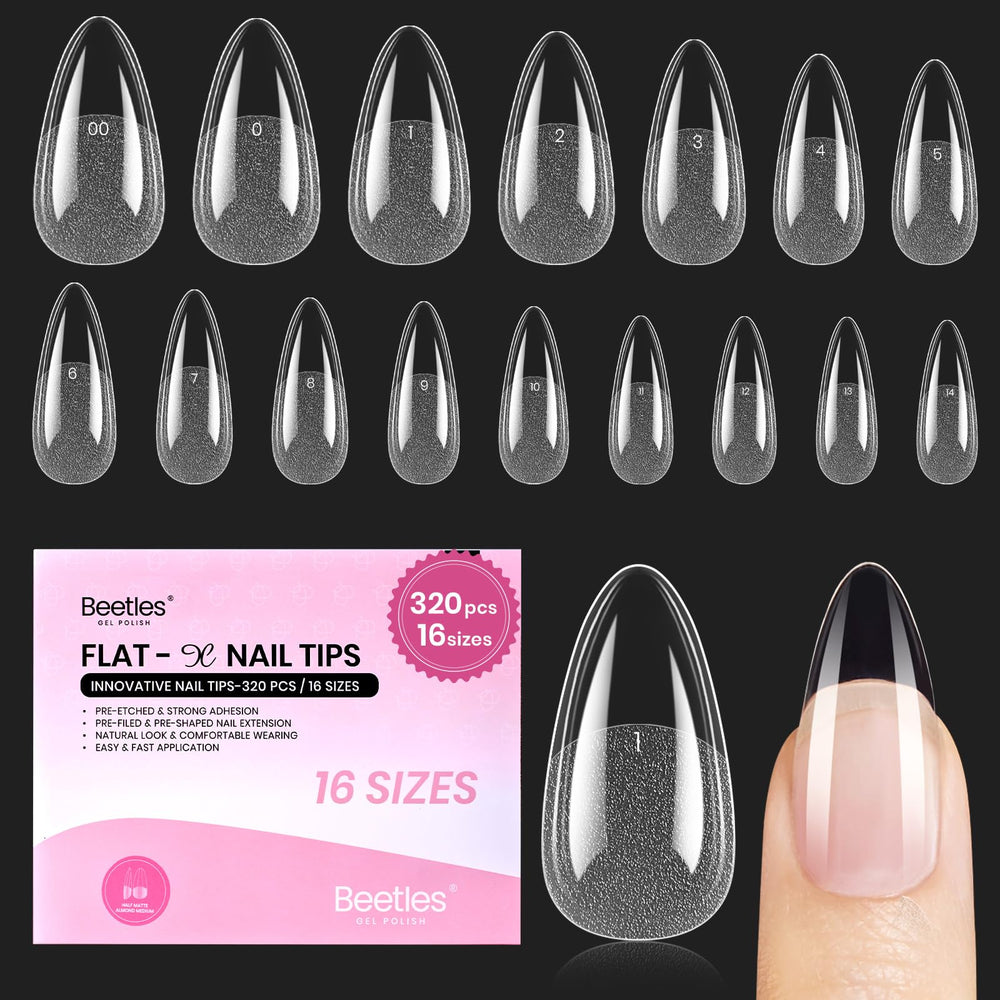 Beetles Flat-X tip de almendra en caja, ajuste cómodo para uñas planas.