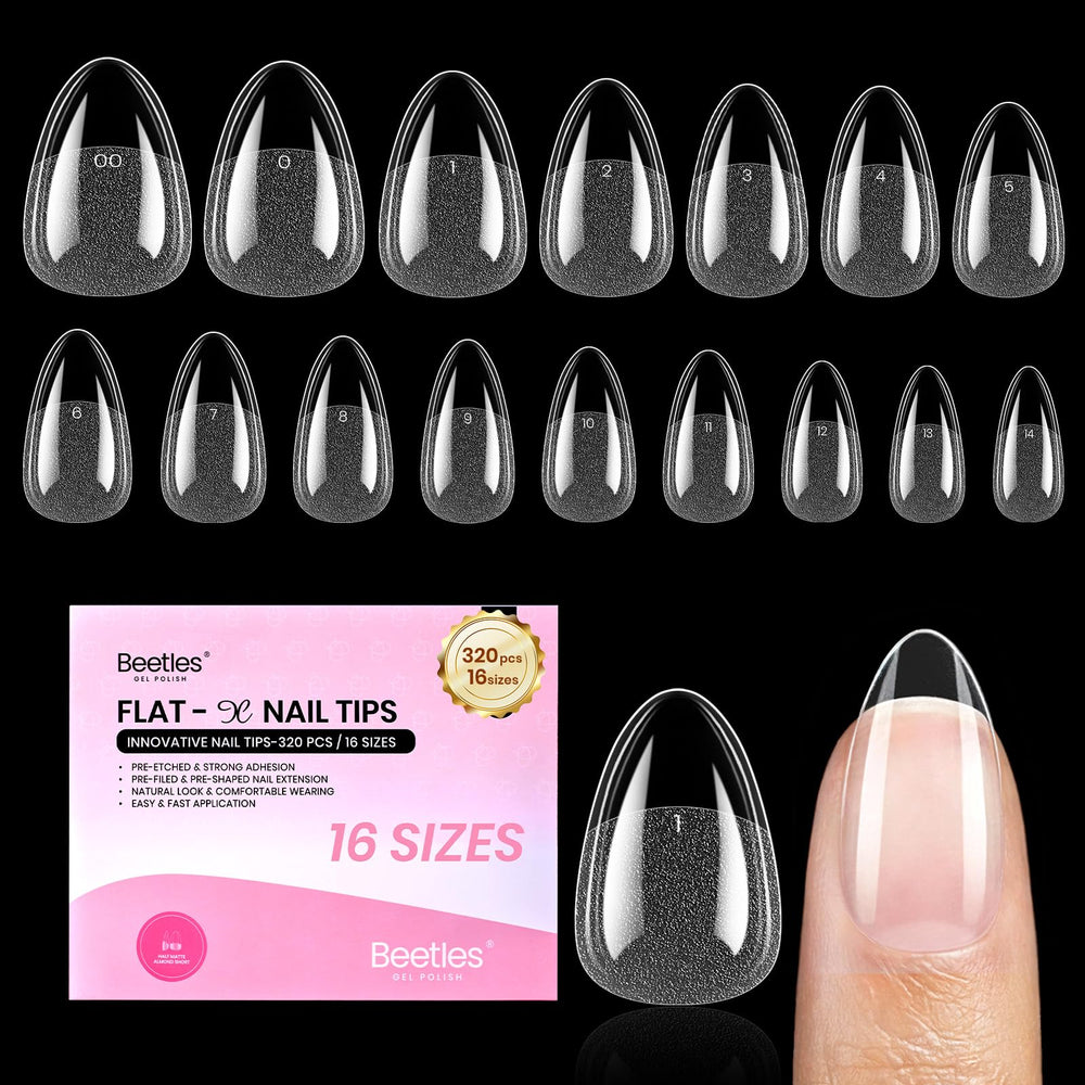 Beetles Flat-X extensiones de uña almendra corta, ajuste cómodo y adherencia mejorada.