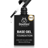 Beetles Gel Base Coat bottle pour for smooth, lasting adhesion.