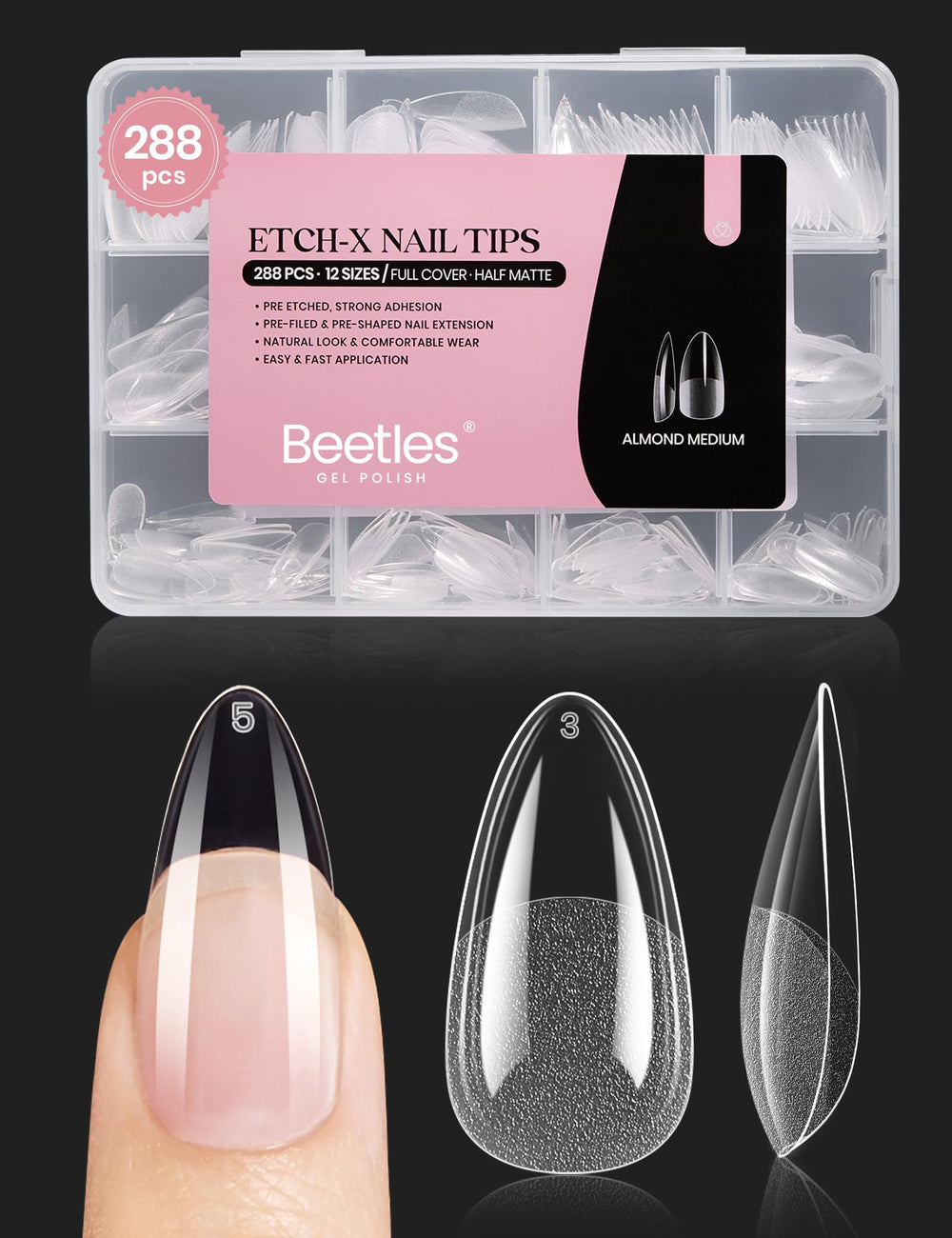 Beetles Gel Nail Tips Almendra Etch X muestra textura para un ajuste preciso