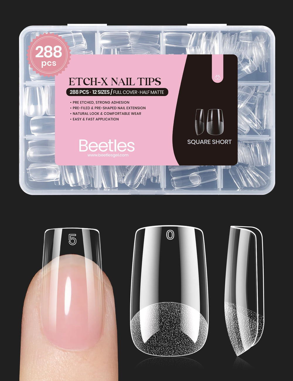 Beetles Gel Nail Tips Etch-X corte cuadrado corto para extensión rápida y natural.
