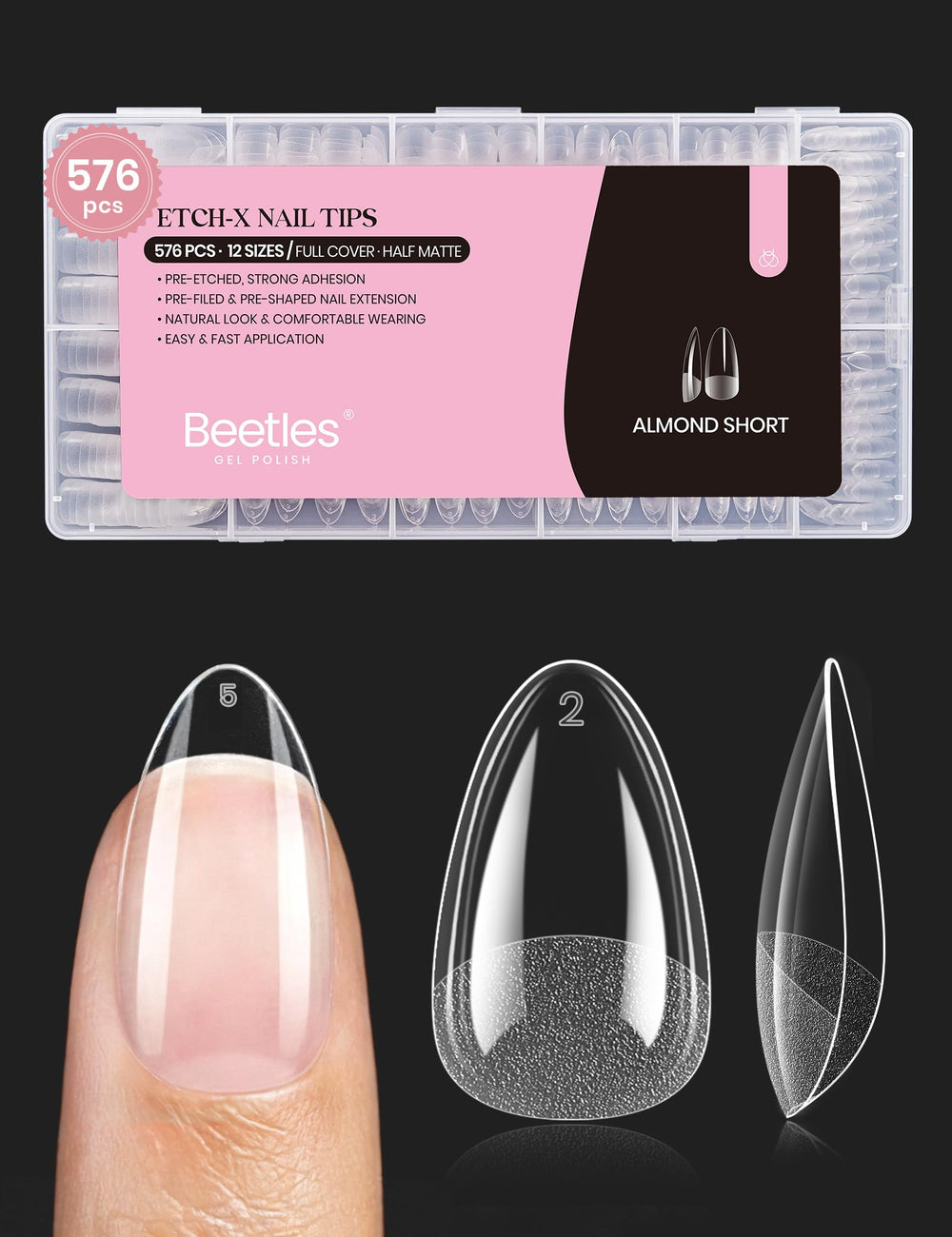 Beetles Gel Nail Tips short almond etch-X pack for quick, natural-looking length.