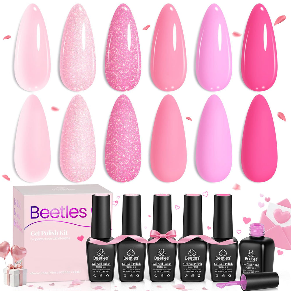 Beetles Gel Polish set rosa rojo neón, ideal para uñas brillantes y llamativas.