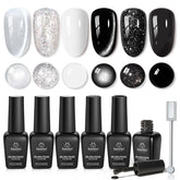 Beetles Gel Polish Twilight Gleam botellas con tonos negros y blancos para uñas elegantes.