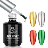 Beetles Gel Top Coat muestra efecto espejo cromo para uñas brillantes.