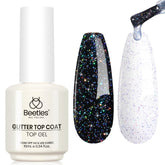 Beetles Glitter Gel Top Coat iridiscente plata con brillo espejo para uñas.