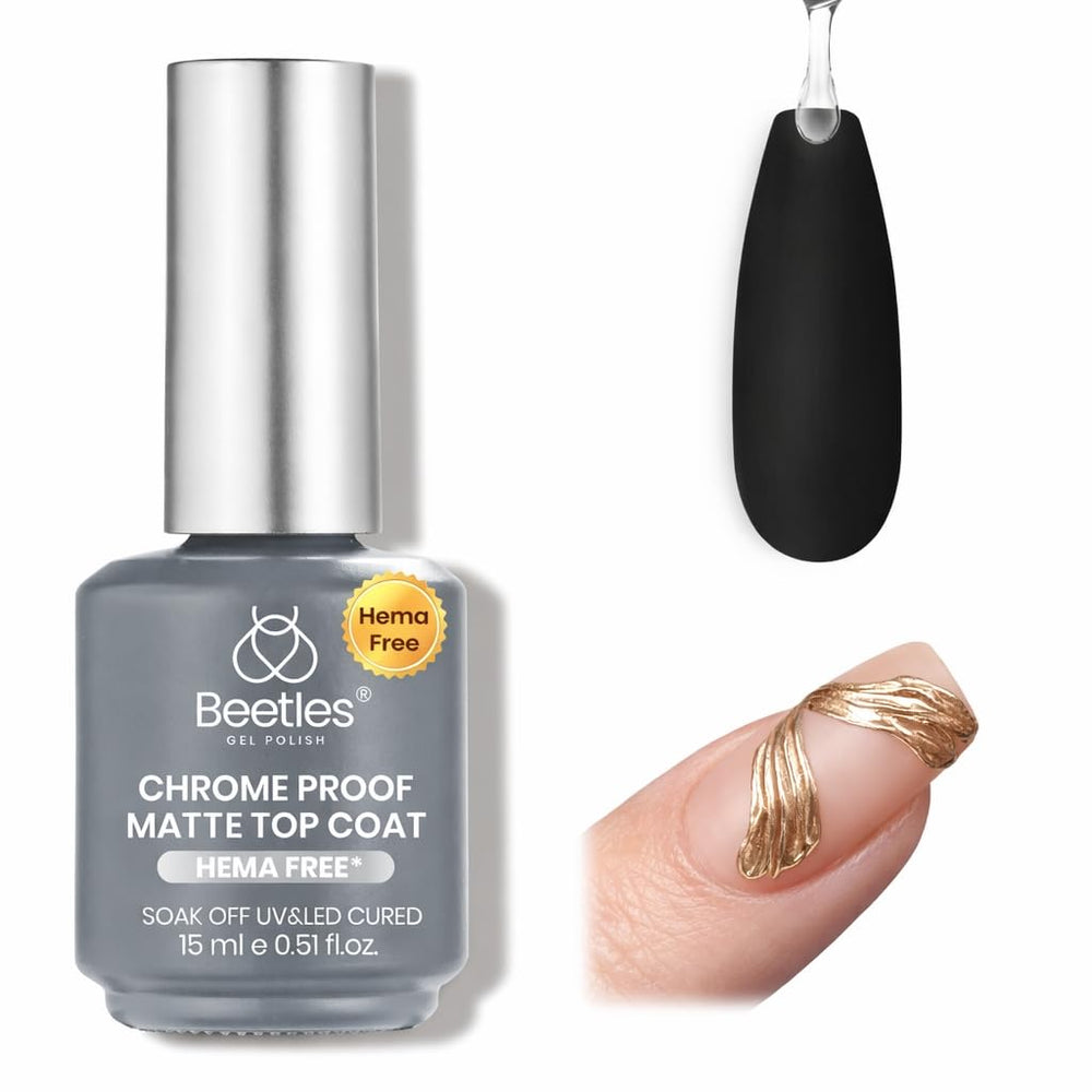 Beetles HEMA-free chrome-proof matte top coat bottle for chrome nail art.
