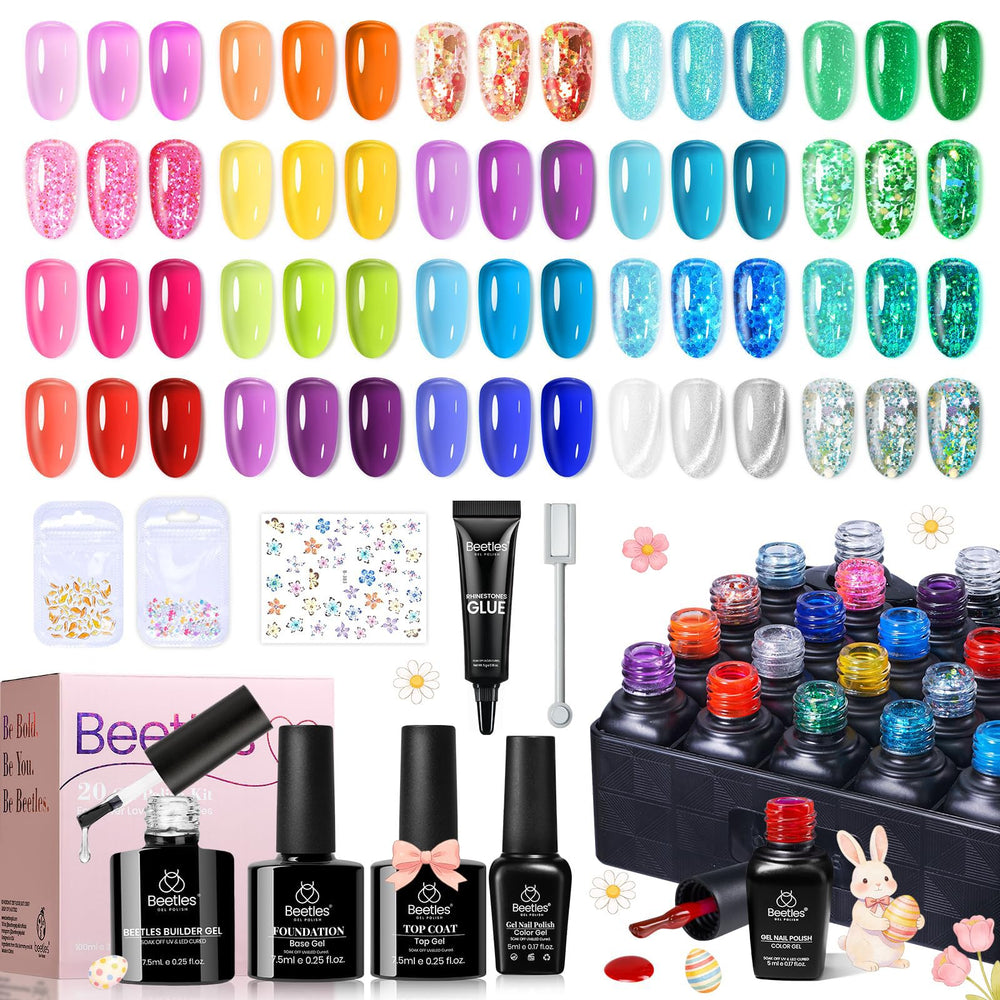 Beetles jelly gel nail polish set shows 20 colors for versatile DIY manicures at home.