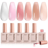 Beetles Jelly Gel six-color set swatches show sheer milky tones for versatile nails.