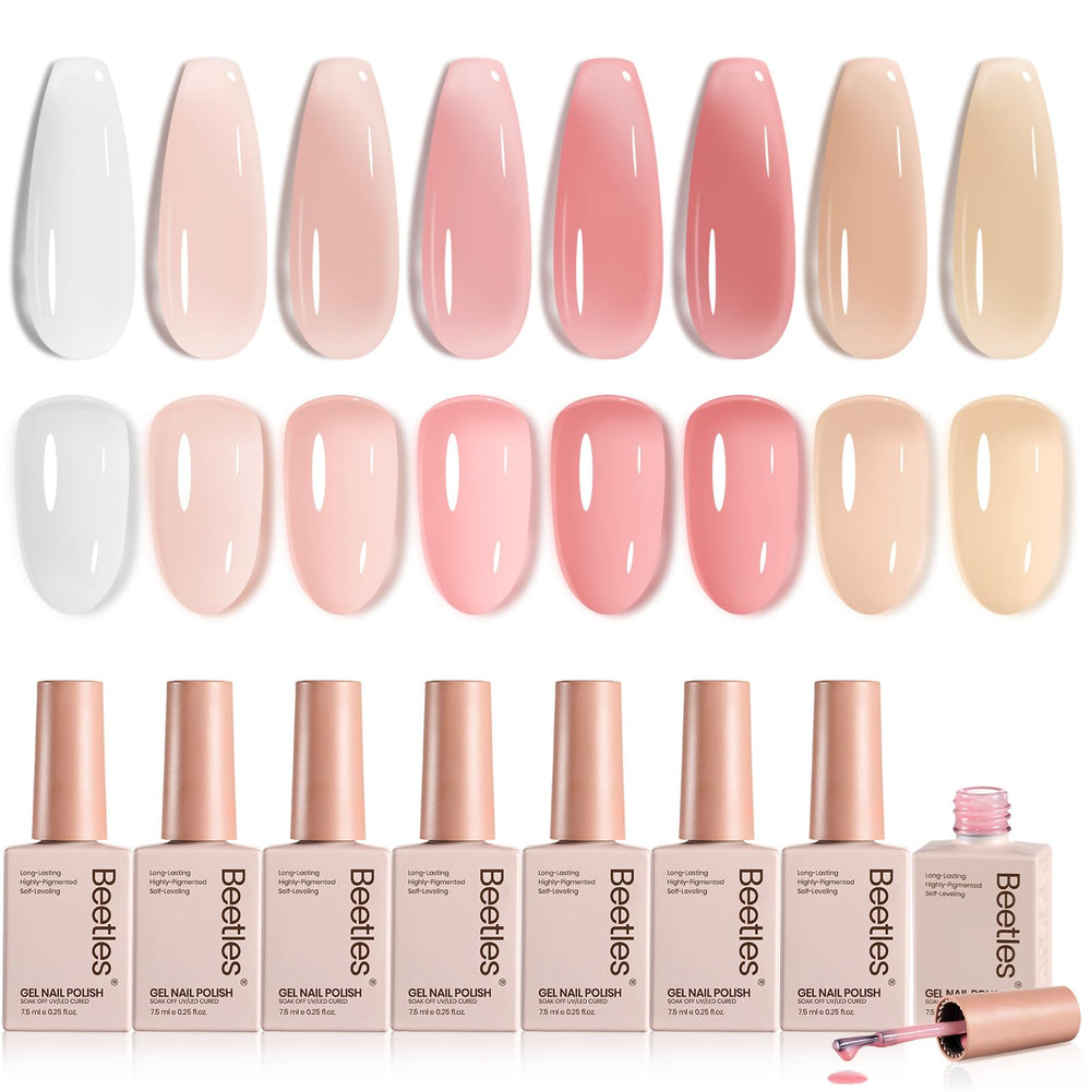 Beetles Jelly Gel Polish, set de 8 colores nude rosado, acabado elegante para uñas