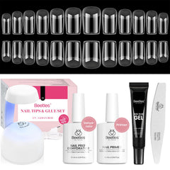 Beetles Gel Nail Kit: tapas cortas cuadradas semimate para adherencia mejorada.