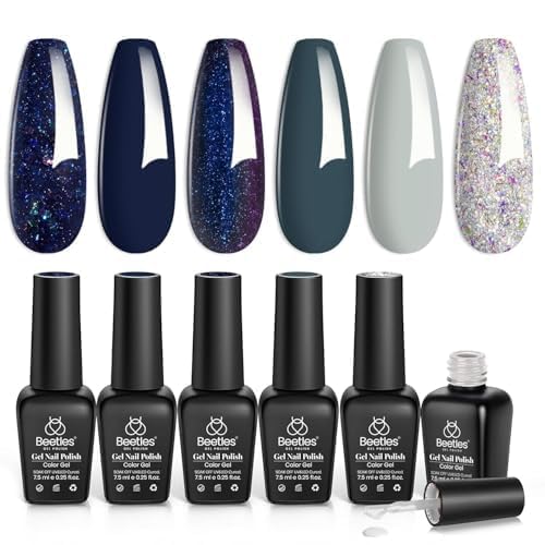 Beetles Gel: conjunto de 6 colores azul noche con brillo para uñas.
